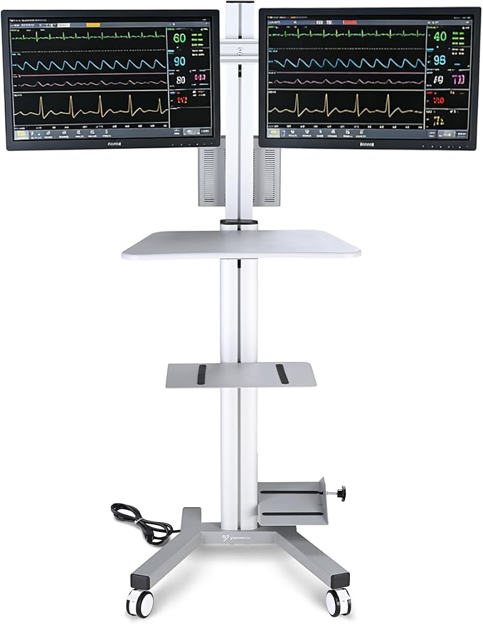 AW 32" Mobile PC Stand Workstation, Height Adjustable Dual Monitor Mount, Rolling Computer Cart on Wheels, Silver