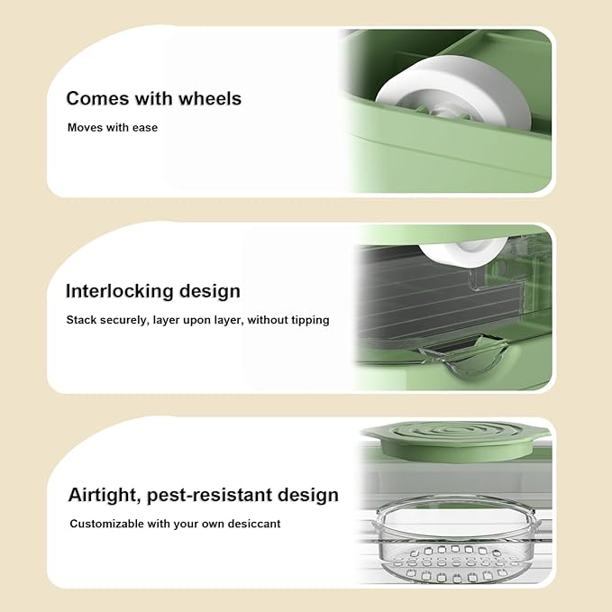【5-Side Opening & 4 Rolling Casters】Storage Bins with Lids，Portable Foldable Storage Box ，Plastic Stackable Storage Bin for Snacks, Camping，Tools, Closet Organizer (Green)