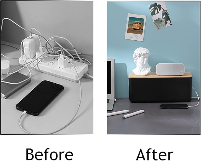 Changsuo Wall Mount Cable Management Box Large Cable Organizer Box for Extension Cord Power Stripe Surge Protector Wire Management Concealer Organizer Cover Hider for Desktop (Large, Black)