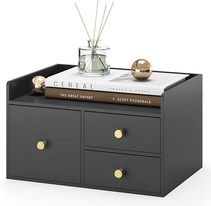 Bamboo Desk Organizer - Stackable, No Assembly Required, Ideal for Office/Home Use - Perfect for Toiletries, Stationery, Accessories. (Black, Square drawer to the left of the fence)