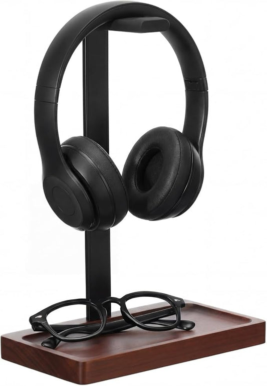 Walnut Wood Headset Holder, Desktop Headphone Stand, Universal Headphone Holder with Storage Base for Gaming, Music Headsets(Dark Brown)