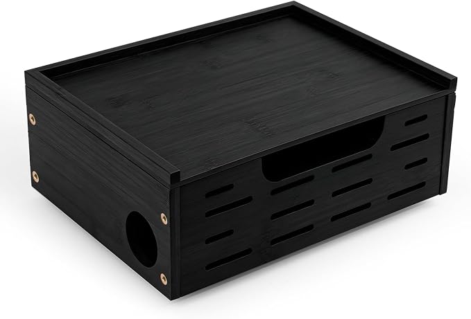 Wooden Black Cable Management Box– Large Extension Cable Organizer Box for Power Strips Floor Outlet Hider Durable Cord Hider for Home Office Under Desk,Floor TV Wires Computer Router USB Hub Cables