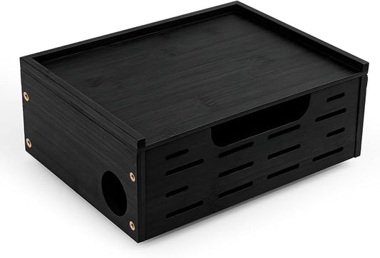 Wooden Black Cable Management Box– Large Extension Cable Organizer Box for Power Strips Floor Outlet Hider Durable Cord Hider for Home Office Under Desk,Floor TV Wires Computer Router USB Hub Cables