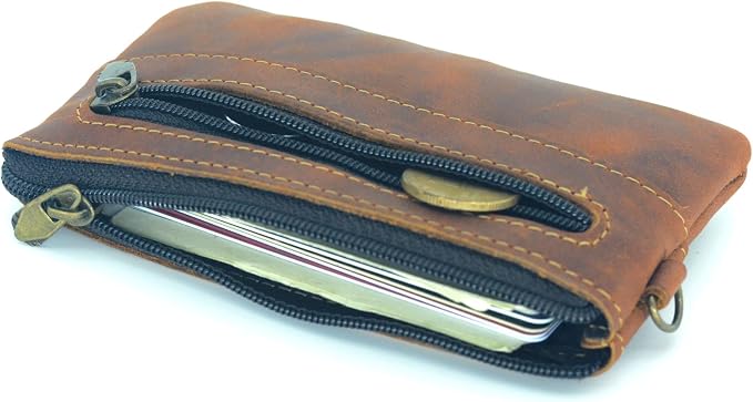JJNUSA Genuine Leather Zipper Coin Purse for Men, Credit Card Case Holder, Mens Tray Purses Coin Purse Cash Change Wallet Car Smart Holder Money Pouch Brown