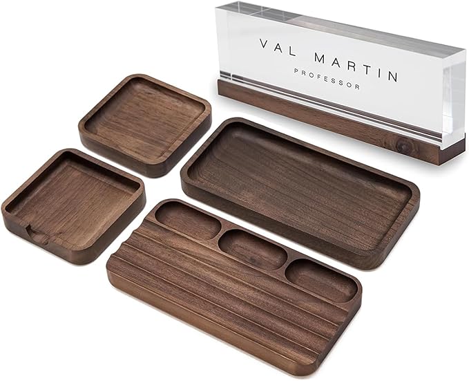 MUUJEE Wooden Desk Organization 5 Piece Set with Name Block - Personalized Acrylic Name Plaque with Wood Base and Desk Accessories Work Professional Office Gift Teacher Dad Organizer