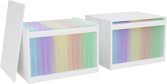 Bamboo Hanging File Boxes with Lids 2 Pack, File Organizer Box for Letter/Legal File, File Box with Hanging Folders Acrylic Light Easy Assembly File Storage Boxes for Home Office, White