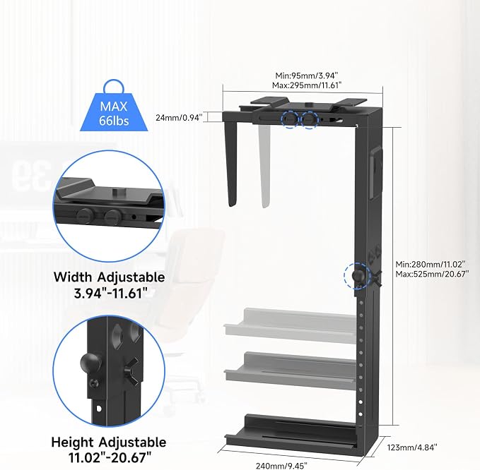 Suptek Adjustable Under Desk and Wall PC Mount,3.94 to 11.61 inch Wide Computer Case CPU Hanger Holder 360 Degree Rotatable Under-Desk PC Hanging Stand Holder Mount (ZJJ001XL)