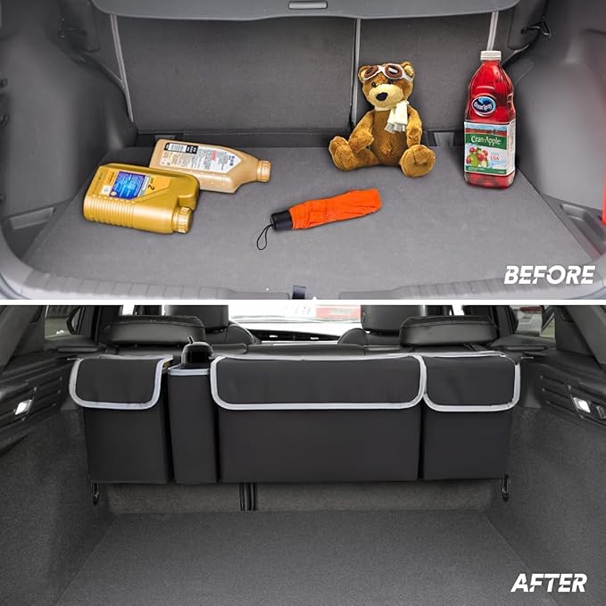 BELOMI Car Trunk Organizer, Auto Waterproof Sturdy Backseat Hanging Large Storage Collapsible Cargo Bag with Anti-Slip Adjustable Strip&4 Pockets, Vehicle Interior Accessories for Man Woman (Black)