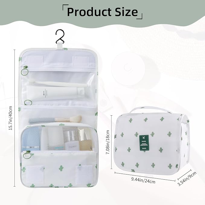 Foldable Hanging Travel Toiletry Bag,Waterproof Portable Travel Bags, Multifunction Travel Makeup Cosmetic Bag Organizer with Hanging Hook (Cactus)