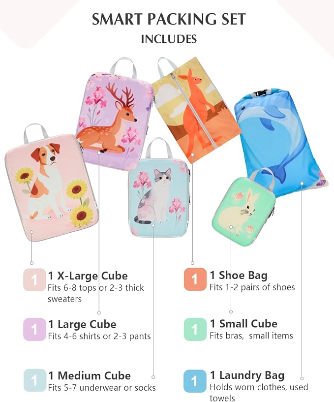 Gonex Compression Packing Cubes, 6pcs Expandable Storage Travel Luggage Bags Organizers with Shoe Bag Laundry Bag, Travel Cubes for Suitcase Carry On (Animals)