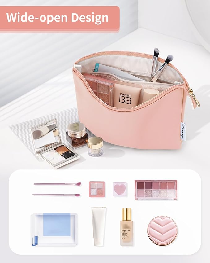 Narwey Small Makeup bag for Purse, Small Makeup Pouch for Purse Cosmetic Bag with Zipper, Cute PU Leather Make up Pouch for Women Girls (Pink)
