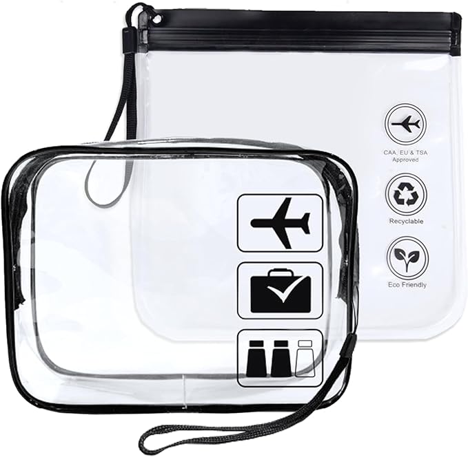 Clear Toiletry Bag, 2 Packs TSA Approved Water resistant Quart Size Travel Organizer, Waterproof & Leakproof Airline Travel Essential Carry On Makeup Cosmetic Bags for Liquids, Black