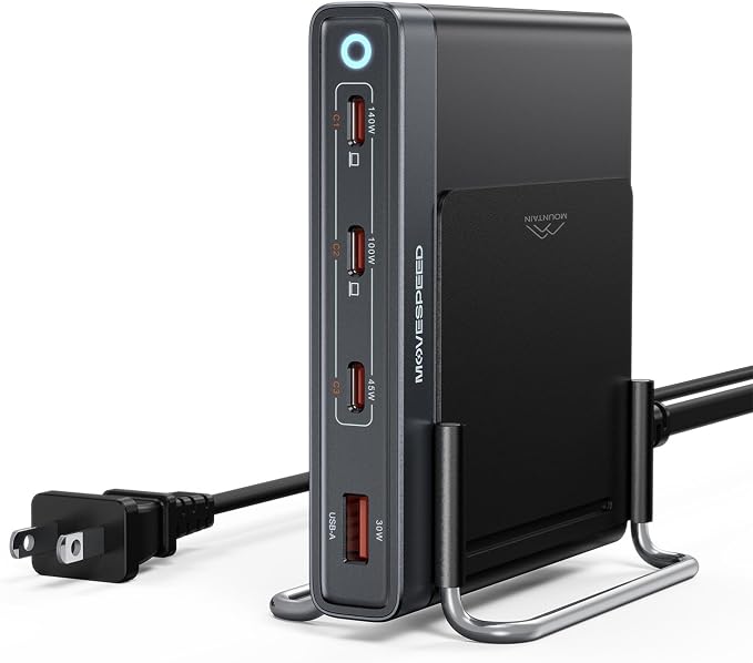 MOVESPEED 165W 4 Port Slim GaN Charging Station, 140W Single Port USB-C Fast Charger with Detachable 5ft Cable & 2 Stands for Laptops, Phones, Tablets (for MacBook/Dell/HP/Samsung etc)