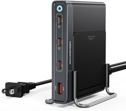 MOVESPEED 165W 4 Port Slim GaN Charging Station, 140W Single Port USB-C Fast Charger with Detachable 5ft Cable & 2 Stands for Laptops, Phones, Tablets (for MacBook/Dell/HP/Samsung etc)