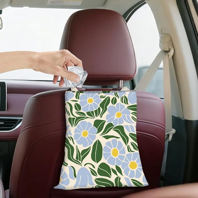 Car Garbage Bag Hanging 9.8 x 11.8 Inch Floral Car Trash Bag Boho Flowers Leaf Polyester Washable Waterproof Cute Storage Can for Vehicle Interior Travel Accessories Reusable Leak Proof