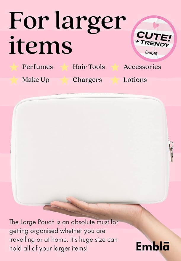 Embla Large Makeup Bag and Waterproof Nylon Travel Toiletry Bag, Large Capacity Cosmetic Zipper Pouch, White