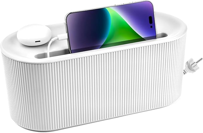 Cable Management Box,Desk Cord Organizer Box with Groove Cover,Plastic Cord Hider Box,Large Cable Box Organizer for Storaging Power Socket/TV/Computer/Router/Games Console Cable (White)