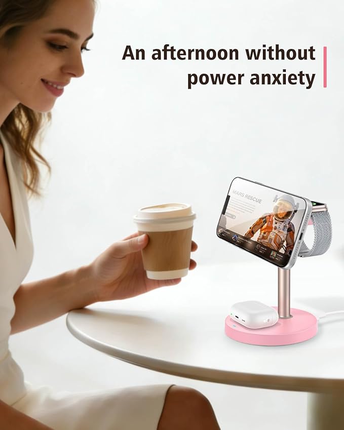 3 in 1 Magnetic Wireless Charging Station, 15W Fast Charger Stand for iPhone, Phone Charger Stand for Desk Nightstand, for iPhone 17/16/15/14/13/12, Apple Watch & AirPods, Adapter Not Included -Pink