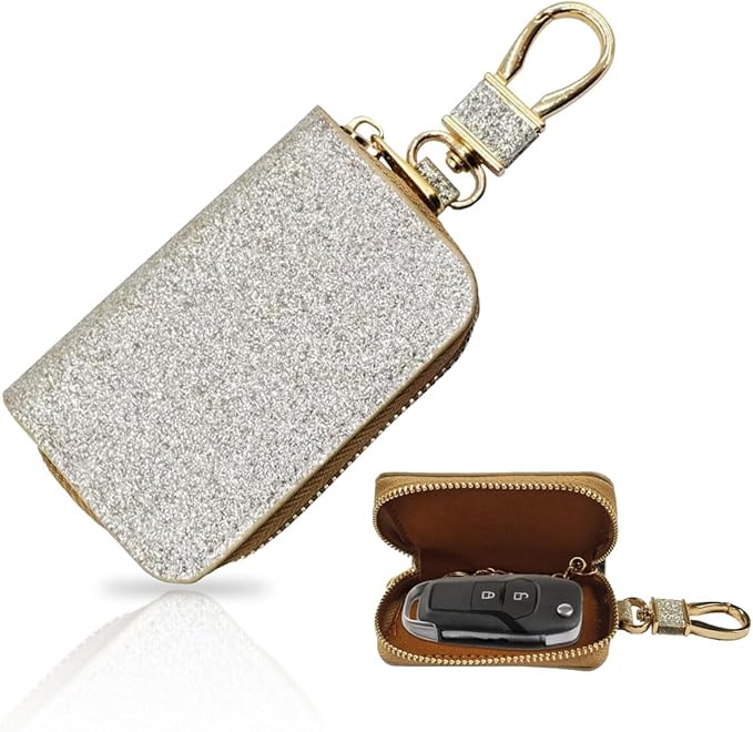 Bling Car Key Case, Leather Keyring Zipper Bag with Metal Hook, Remote Key Fob Cover, Auto Keychain Holder (Silver Gold)