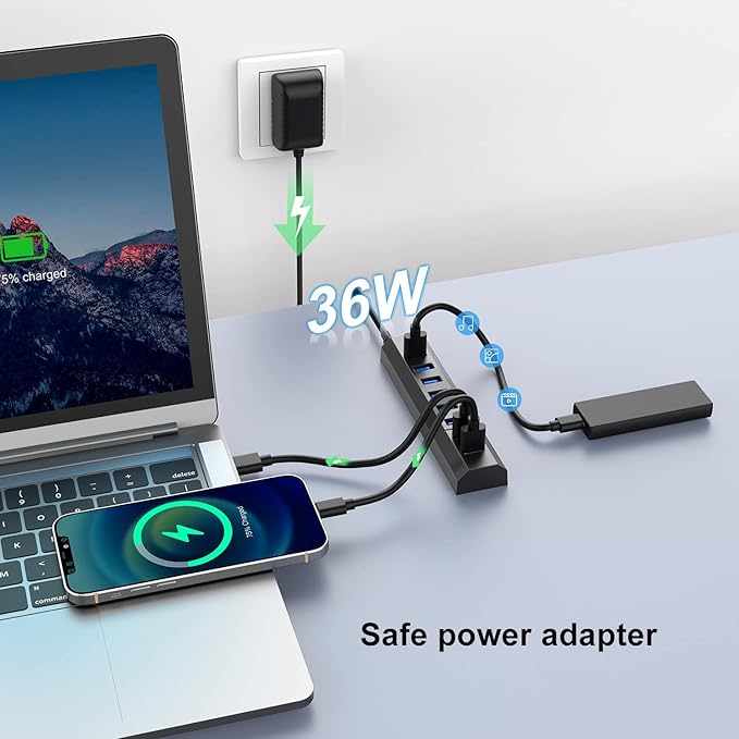 RAOYI Powered USB 3.0 Hub, 8 Ports High Speed USB 3.0 Hub Splitter with 36W Power Adapter, 3.3ft Cable and Smart Fast Charger USB Hub for Laptop, PC, Mobile HDD, Mulitple Devices (Gray)