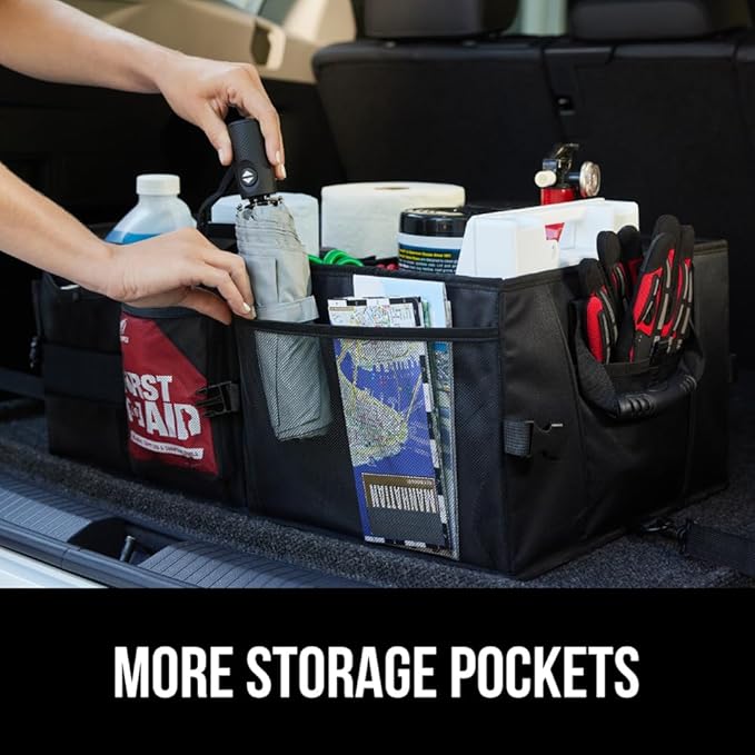 GORILLA GRIP Large Capacity Sturdy Trunk Storage Organizer, Slip and Water Resistant Collapsible Organization Container for Car Sedan or SUV, Multi Compartment Box Vehicle Accessories, 2 Pack, Black