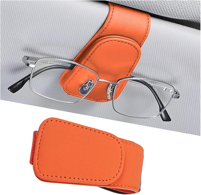 Sunglasses Holder for Car Visor, Microfiber Leather Magnetic Sun Visor Eyeglasses Hanger & Ticket Card Clip, Multi-Function Automotive Interior Glasses Mount, Universal Fit (Orange)