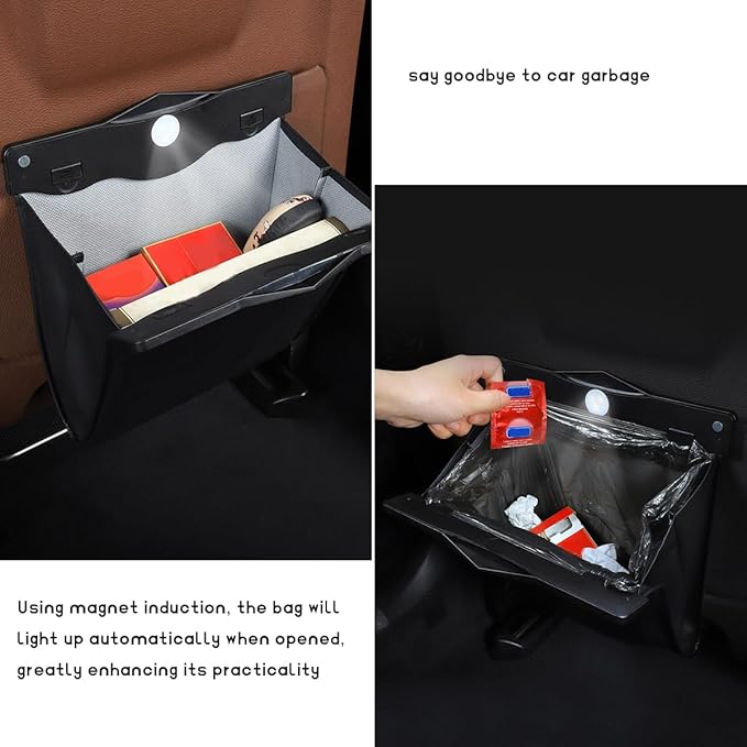 Smart LED Car Trash Can, Magnetic Leather Passenger Side Storage Pocket with Disposable Rubbish Bags, Waterproof Garbage Bag Multipurpose Hanging Container for Back Seat (Beige)