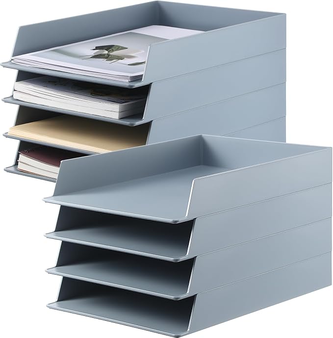 Wenqik 8 Pcs Stackable Paper Trays Rectangular Plastic Desk Holder Desktop Document File Organizer Storage Letter for Office Classroom (Gray)