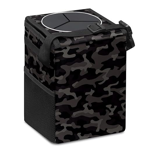 Car Trash Can Black and Grey Camouflage Wate-rproof Auto Garbage Bag Car Trash Can with Lid Leak-Proof Car Storage Bag Hanging for Headrest Collapsible and Portable with Storage Mesh Pocket