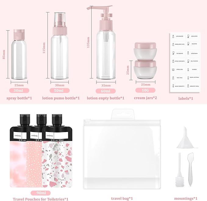 Travel Bottles Containers for Toiletries,Travel Bottles Set for Toiletries,TSA Approved Leakproof Travel Size Containers Jars,Suitable for Cosmetics Shampoo Conditioner Lotion (12 PACK), pink