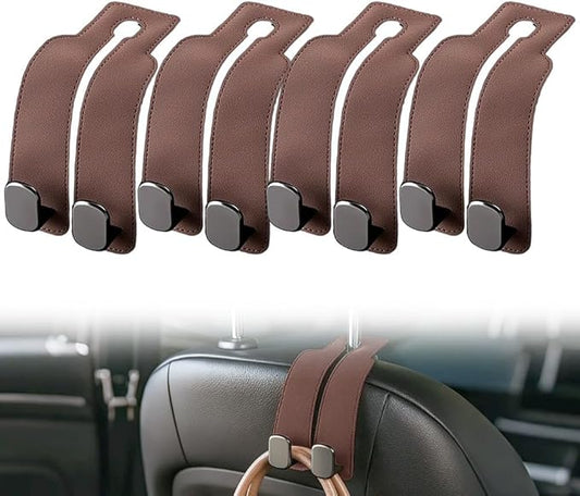 2026 New Car Seat Headrest Hooks for Purses and Bags - Support Car Headrest Hooks for Purses and Bags Coat, Leather Car Bag Purse Holder with Double Hooks (Brown-4PC)