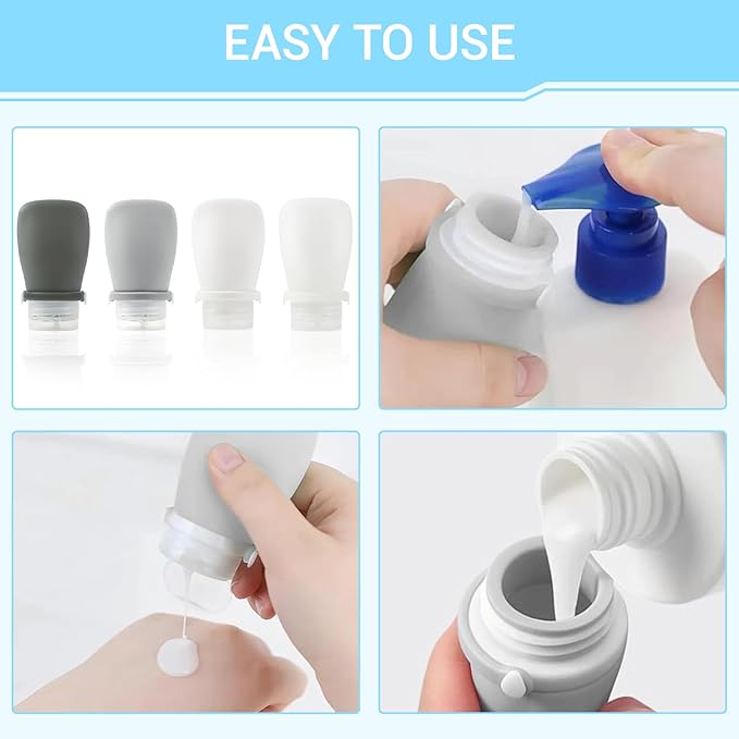Starfa 4 Pack Silicone Travel Bottles (1oz),Leakproof Mini Lotion Bottles & Dressing Containers with Lids,Reusable Toiletry Squeeze Tubes for Shampoo,Conditioner,and Condiments