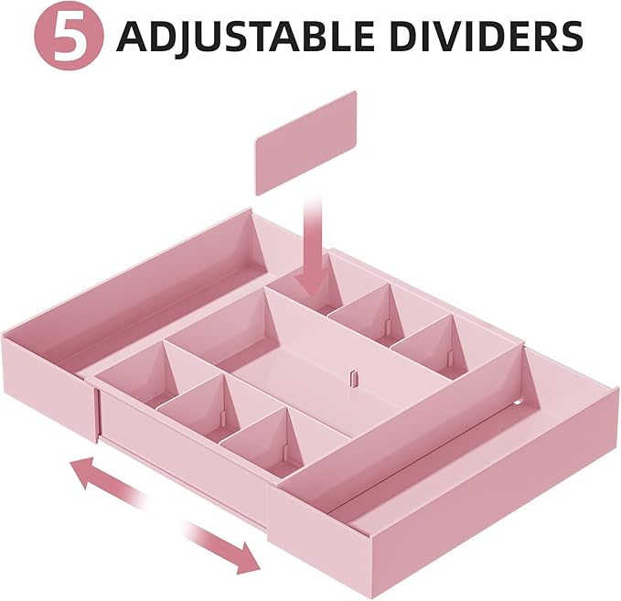 Marbrasse Expandable Desk Drawer Organizer, Clear Plastic Drawer Organizer Tray with 10 Adjustable Compartments, Desk Organizers and Accessories, 5 Drawer Dividers for Office Supplies, Makeup (Pink)
