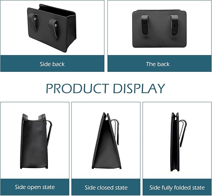Car Trash Can, Leather Vehicle Trash Bin with 1 Roll Trash Bag, Mini Foldable Seat Back Hanging Storage Bag Container, Waterproof Car Door Storage Box, Universal for Most Cars (Black)