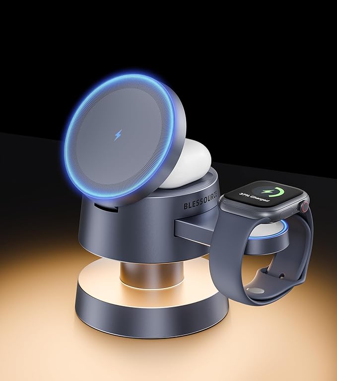 4-in-1 Magnetic Wireless Charging Station for iPhone 17/16/15/14 Pro Max, with Night Light Wireless Charging Station Fast Charging for Apple Watch, Earphones & Multiple Devices