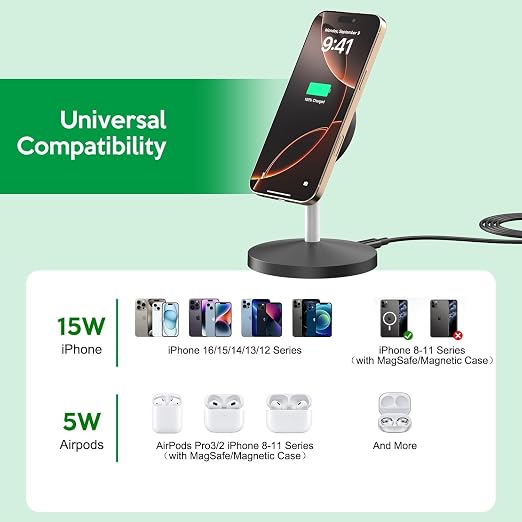 MagSafe Wireless Charging Station,iPhone Wireless Charger 6Foot Long USB C Cable, 15W Phone Magnetic Wireless Charger & Fast Charging Pad for iPhone 17/17 Air/17 Pro Max/16 Plus/16 Pro Max/15/14/13/12
