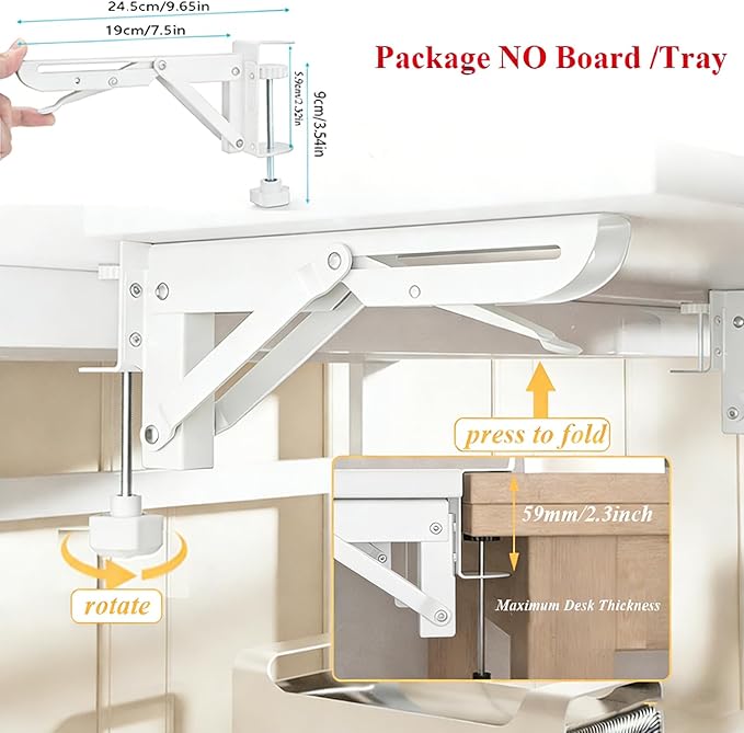 Under Desk Keyboard Tray Support Bracket Adjustable Desktop Extension Board Stand Clamp-on Keyboard Holder Arm Rest Tray Extension Plate Support Rack for Desk, NO Board/Tray, 1 Set (Style01-White)
