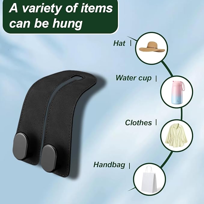 4 Pack Leather Seat Back Hooks - Heavy Duty Double Hooks for Purses, Grocery Bags, Umbrellas & Mask, Car Organizer Accessories (4)