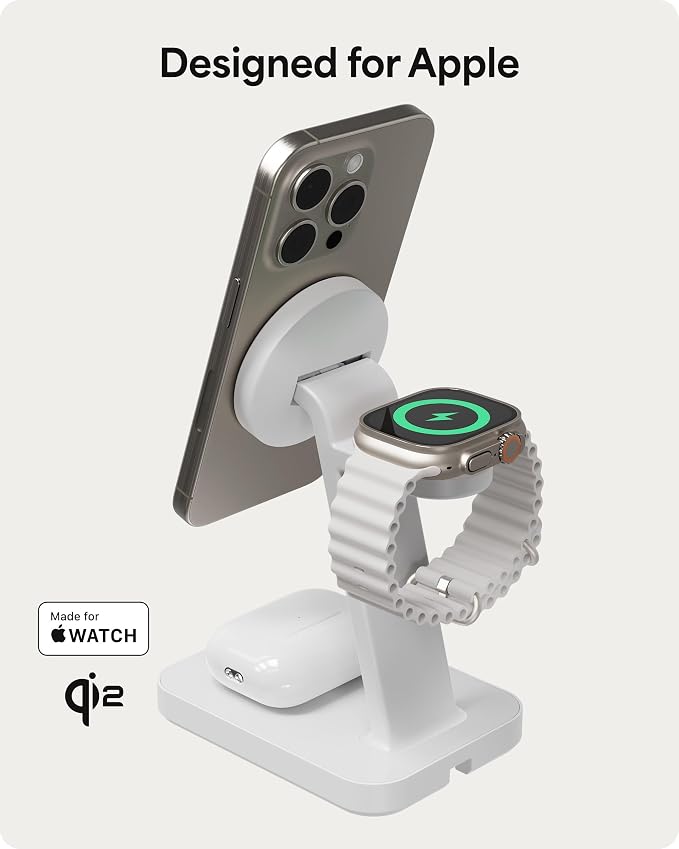 Mophie Snap+ 3-in-1 Wireless Charging Stand - MagSafe & Qi2 Certified, Compatible w/iPhone 17/16/15/14/13/12, Apple Watch, AirPods - Multi-Device Magnetic Charging Station, Eco-Friendly Design, White