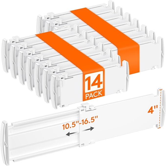 Lifewit 4" Tall 14 Pack Drawer Dividers, 27-42cm/10.5-16.5" Expandable Drawer Divider for Clothes, Adjustable Dresser Drawer Organizers, Drawers Separators for Dresser/Bathroom/Closet/Kitchen White