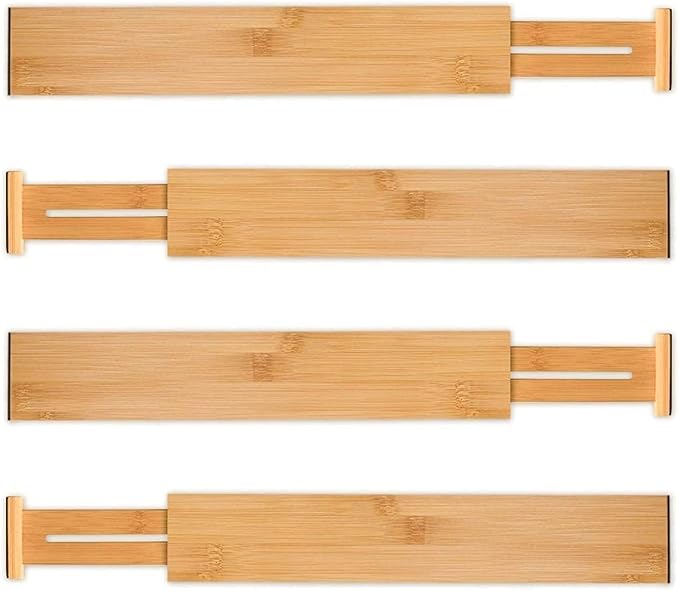 Utoplike 4 pcs Bamboo Kitchen Drawer Dividers Large, Adjustable Drawer Organizers, Spring Loaded, Works in Kitchen, Dresser, Bathroom, Bedroom, Drawer, Desk