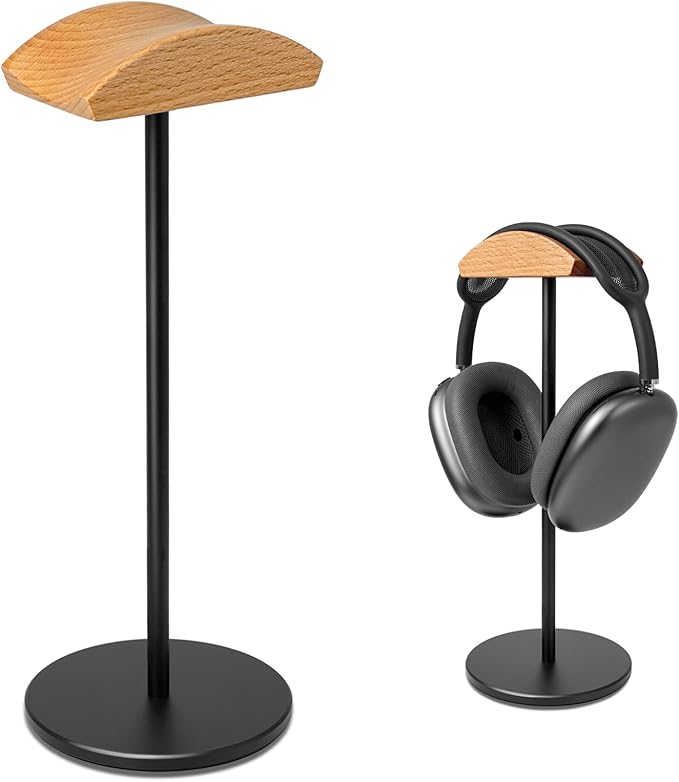 Headphone Stand for Desk - Gaming Headset Stand with Wooden Support Plate, Headset Holder with Aluminum Alloy Support Rod