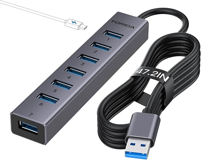 FORIDA USB Hub 8 Port, 7 USB 3.0 Data Ports + USB C 5V/3A Power Port, 47 Inch/120CM Long Cable USB Splitter, Portable USB Hub for Laptop, PC, MacBook, Flash Drive & More - Dark Gray