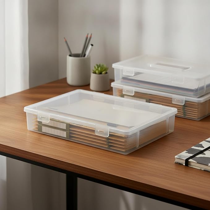 Low-Profile Rectangular File Box with Handle, Transparent PP Plastic Document Organizer for Desktop Storage