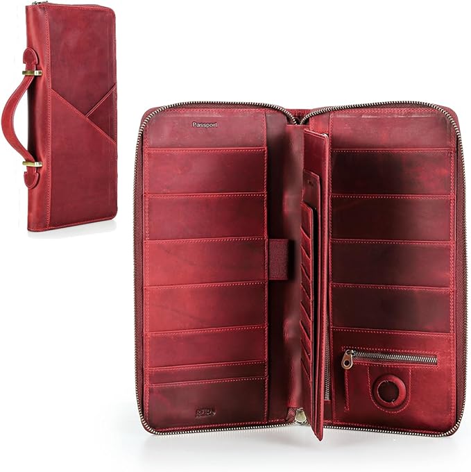 CONTACTS Family Passport Holder for 10 Full Grain Leather Compatible with Airtag Passport Holder Family Travel Document Organizer Multiple Rfid Blocking Passport Wallet (Red)