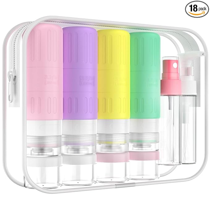 GLAMFIELDS Travel Bottles for Toiletries,TSA Approved 3.3oz Size LeakProof Silicone Toiletry Containers for Shampoo, Conditioner,Easy to Squeeze，Portable Travel Essentials for Lotion(18 Pack) Macaron