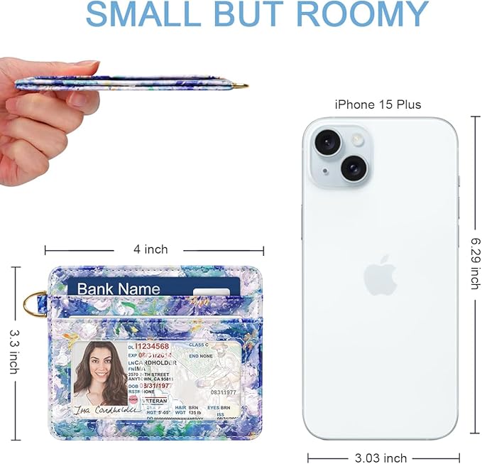 Slim Minimalist Front Pocket RFID Blocking Credit Card Holder Small Wallet Cute Card Cases for Women,Blue Flowers