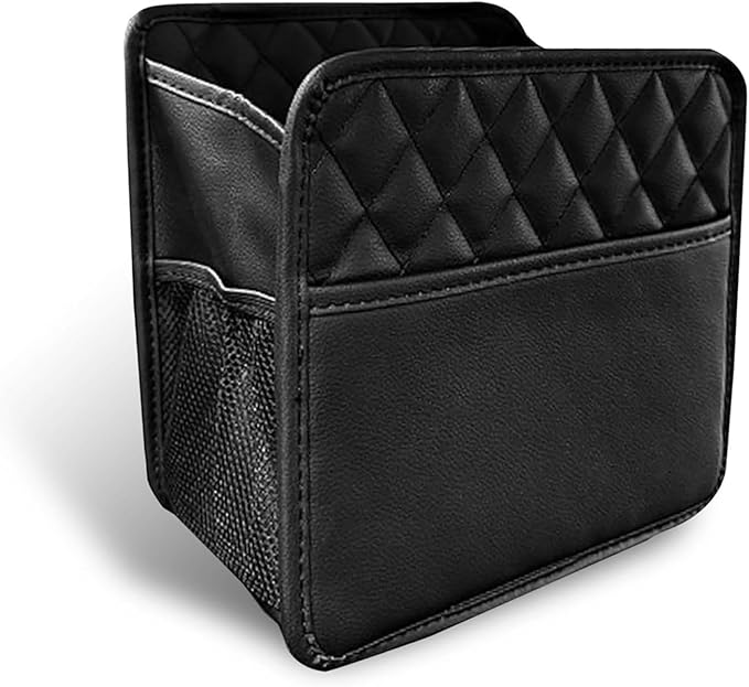 Car Seat Back Organizer, 10" x 10" Multifunctional Auto Backseat Hanging Storager with Side Pockets, Big Capacity Waterproof Wear-Resistant PU Leather Garbage Can for Most Cars (Black)
