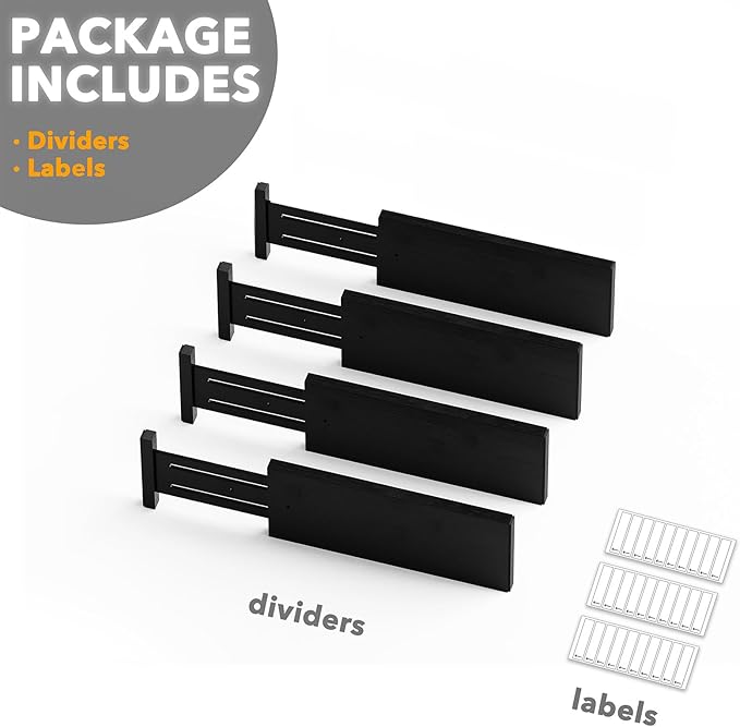 SpaceAid Bamboo 4 Pack Dresser Drawer Dividers, 4.65??High Adjustable 12.5??17??Drawer Organizers, Expandable Organization for Clothing, Clothes, Dressers, Black