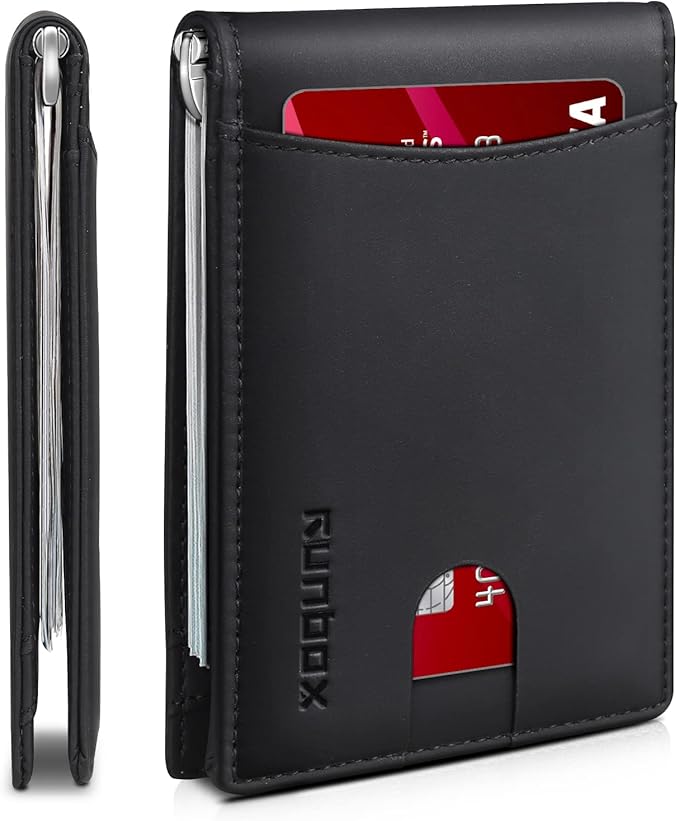 RUNBOX Slim Wallet for Men Genuine Leather RFID Blocking Bifold Minimalist Front Pocket Mens Wallet with Money Clip Thin Gift Box